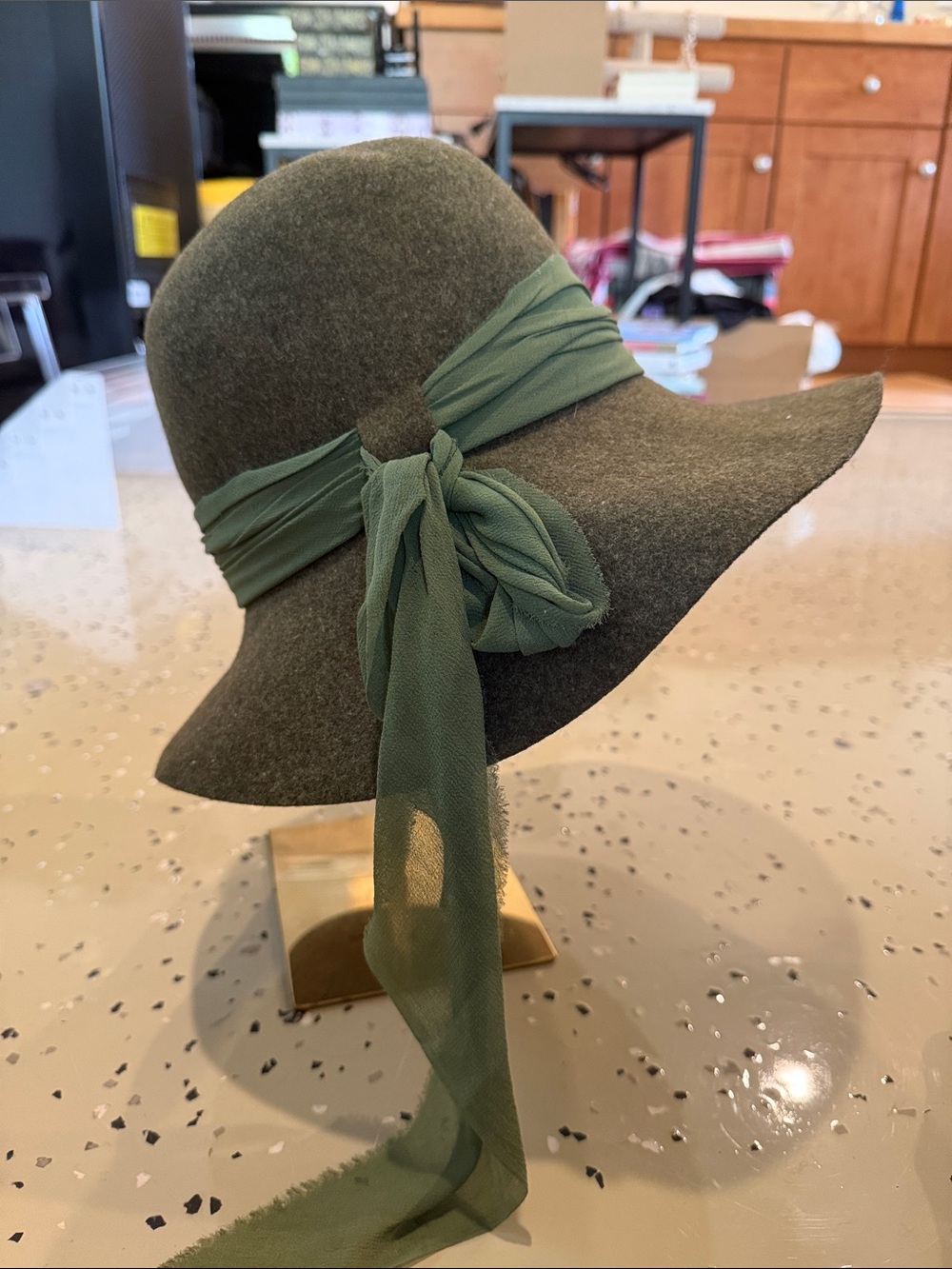 Vintage Olive Green Wool Floppy Hat with Scarf Bow